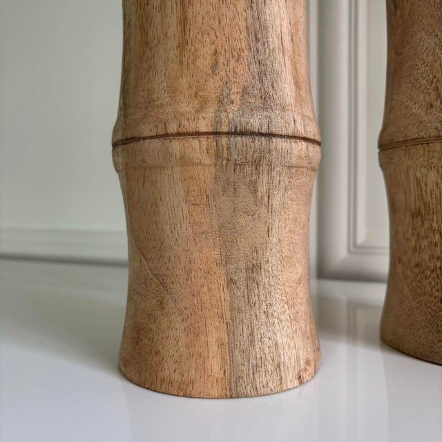Natural Hand Carved Solid Mango Wood Large Bamboo Style Candle Holders Pillars (Set of 2) For Sale - Image 4 of 6