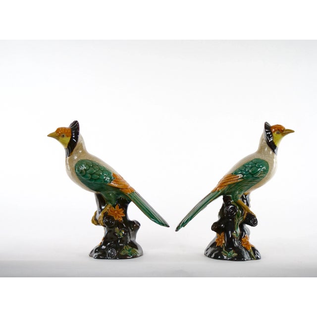 Mid 20th Century Large Pair English Glazed Porcelain / Terracotta Birds Statues For Sale - Image 5 of 13