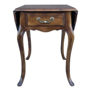 1980s Ethan Allen Country French Birch Drop Leaf Side Table With Drawer (26-8302 Fruitwood)