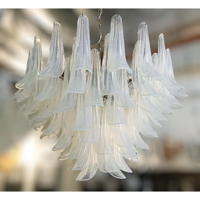 Italian chandelier shown with iridescent opaline Murano glass petals mounted on chrome finish frame / Designed by Fabio...