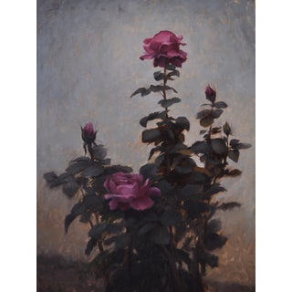 Maroon by Derek Harrison | Oil on linen Painting of pink roses with green leaves For Sale