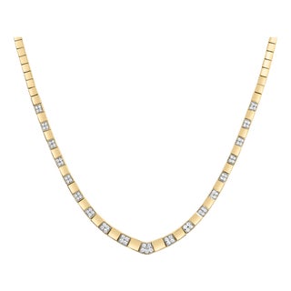 14K Yellow Gold 4/5 Cttw Diamond Cluster and Bar Set Link 3.5 MM Chain Necklace For Sale