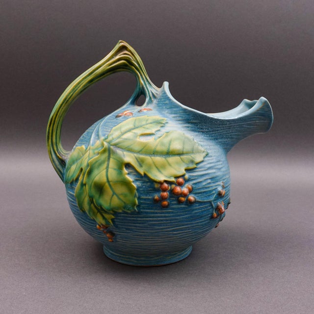 Mid-Century Modern Vintage Roseville Usa #1325 Bushberry Blue Art Pottery Ice Lip Pitcher For Sale - Image 3 of 8