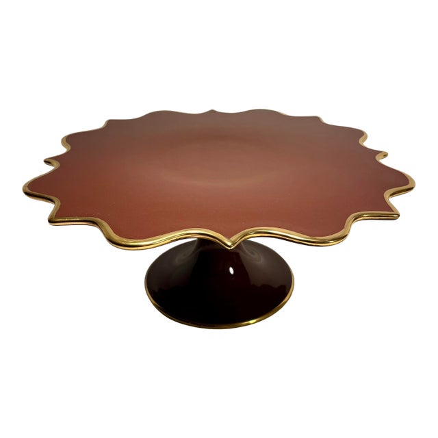 Contemporary l'Objet Portugal Pedestal Cake Stand Brown With 24k Gold Trim For Sale