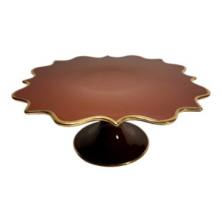 Contemporary Objet Portugal Pedestal Cake Stand Brown With 24k Gold Trim For Sale