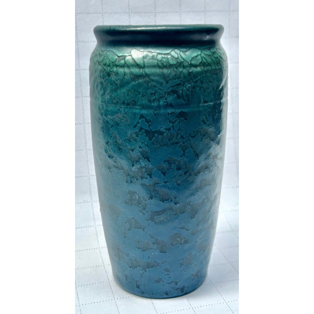Here we have a blue with a green alligatored surface and a geo design around rim , Marked Hampshire Pottery on base , 8"...