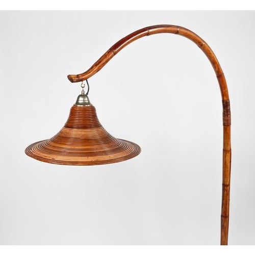 Wood Midcentury Bamboo and Rattan Arc Floor Lamp, 1970s For Sale - Image 7 of 18