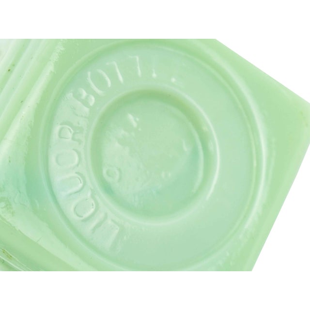 Jade Mid 20th Century Jadeite Green Slag Glass Decanter With Pagoda Stopper and Embossed Floral Design For Sale - Image 8 of 8