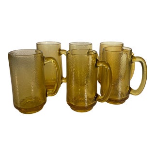 1970s Amber Honey Glass Root Beer Mugs Textured Handle 5-1/2" - Set of 6 For Sale