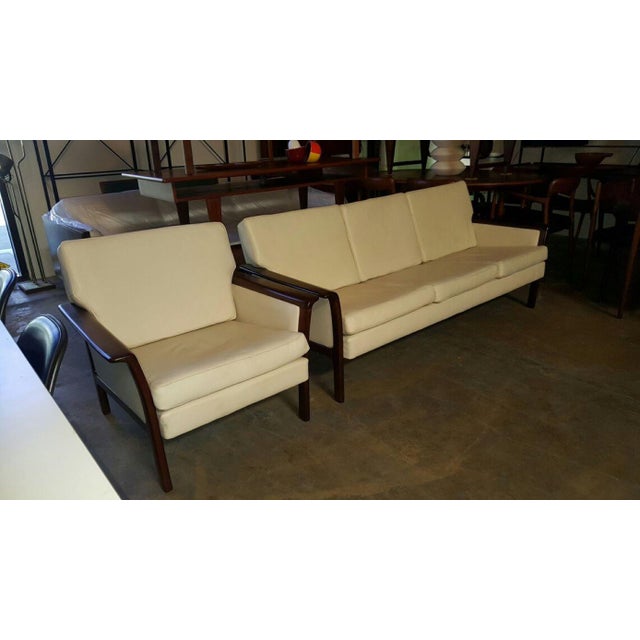 1960s Vintage Danish Modern Hans Olsen White Leather Sofa & Chair a