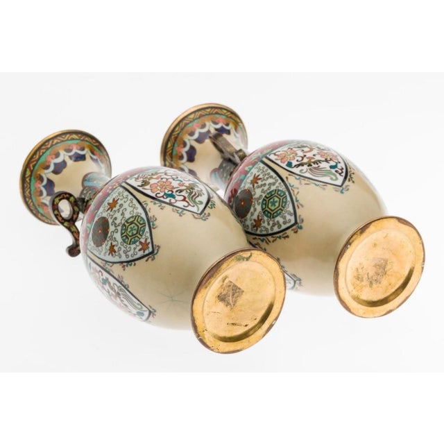 Pair Japanese Cloisonne Enamel Vases With Phoenix Panels Meiji Period For Sale - Image 9 of 10
