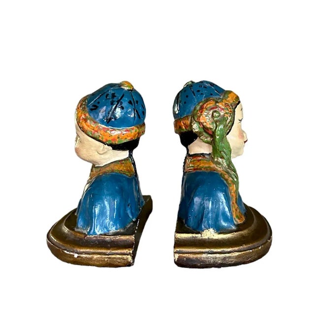1930s Antique Chinoiserie Hand Painted Polychrome Chalkware Bust Bookends, a Pair, Esther Hunt Attributed, Circa 1930 For Sale - Image 5 of 8
