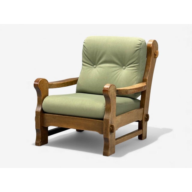 Danish Modern, Oak, Green Nubuck, Brutalist Lounge Chair, Denmark, 1960s For Sale - Image 4 of 10