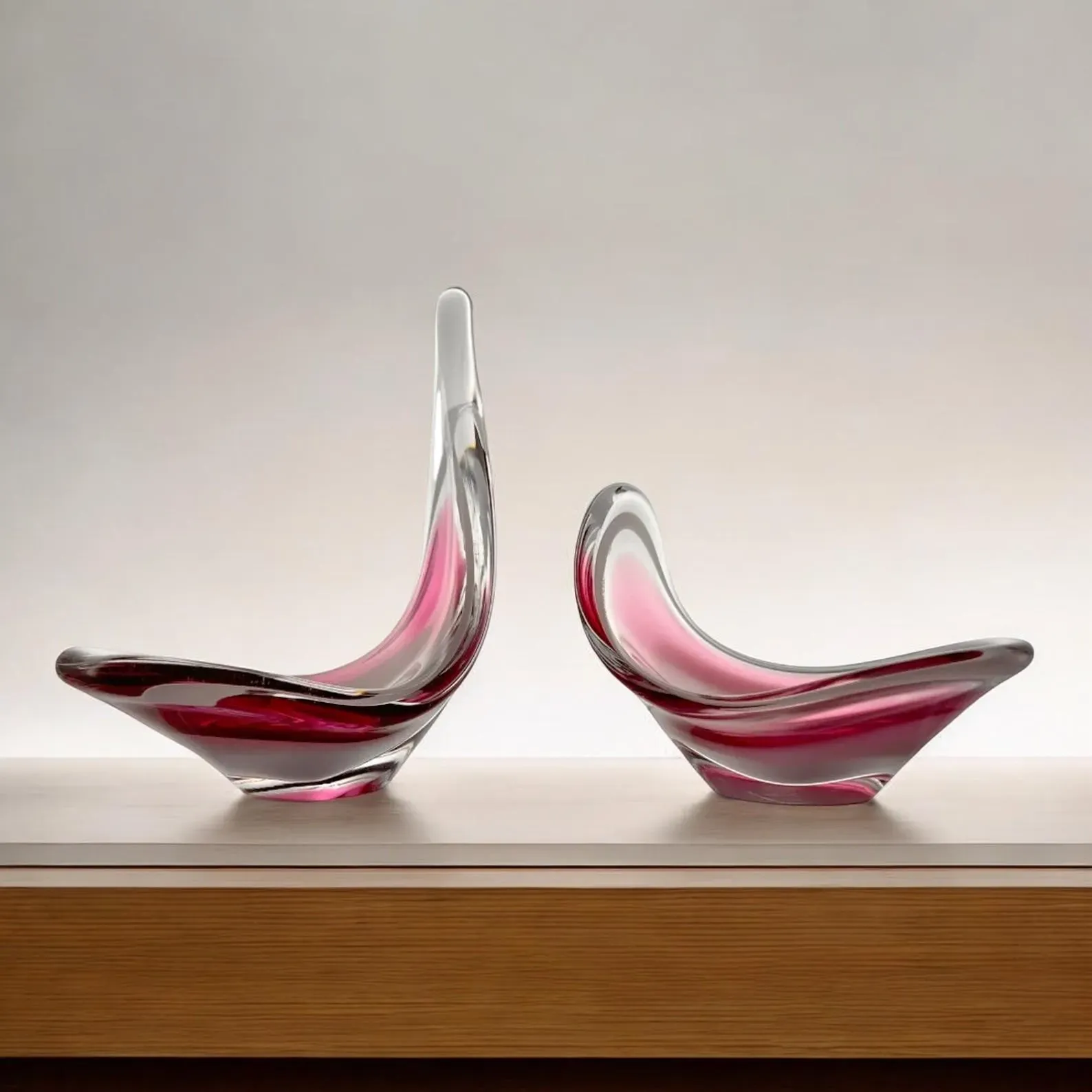 Pair of Signed 1957 Paul Kedelv Swedish Cranberry Colored Art