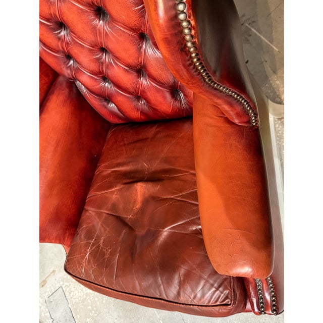 Wood Mid-Century Scandinavian-Made Chippendale-Style Leather Windback Chair For Sale - Image 7 of 11