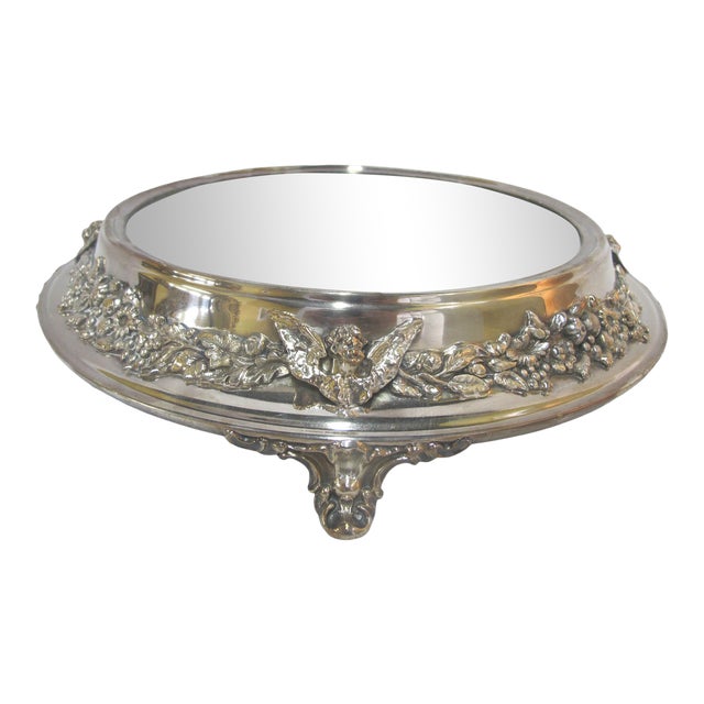 Antique Silverplate Round Mirror Tray With High Relief Cherub Floral
