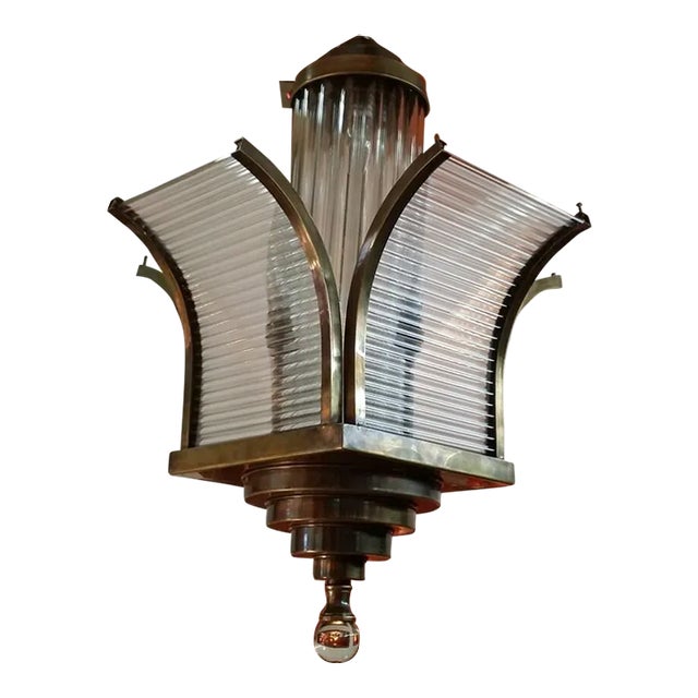 Vintage Art Deco Skyscraper Rod Ship Chandelier Fixture in Brass & Glass For Sale