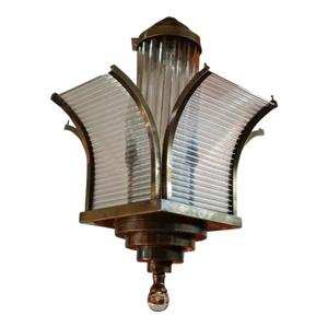 Vintage Art Deco Skyscraper Rod Ship Chandelier Fixture in Brass & Glass