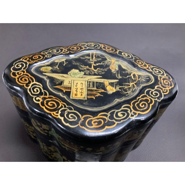 Paper Black Chinese Box Black Lacquered Gilt Painted 1940s For Sale - Image 7 of 10
