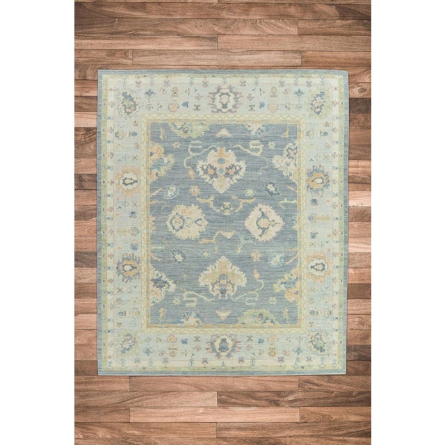 Modern Moon Gray Blue Field Multicolor Handwoven Turkish Oushak Rug 8'1" X 9'9" For Sale - Image 3 of 7