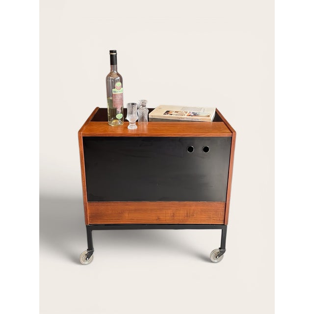 Brown Mid-Century Minimalistic Teak Fold-Out Serving Bar Cart with Modern Black HPL Surfaces and Square Steel Frame, Germany, 1960s For Sale - Image 8 of 13