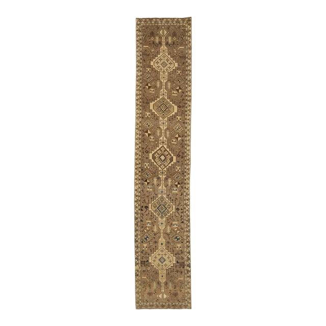 Brown Vintage Distressed Persian Wool Runner With Tribal Pattern For Sale