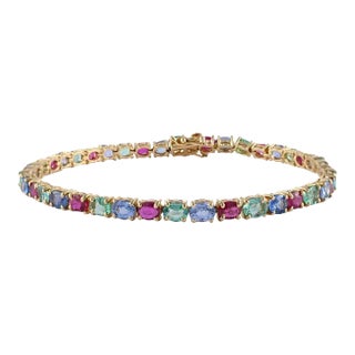 15.25ct Emerald, Ruby and Sapphire Natural Gemstone 14k Gold Tennis Bracelet For Sale