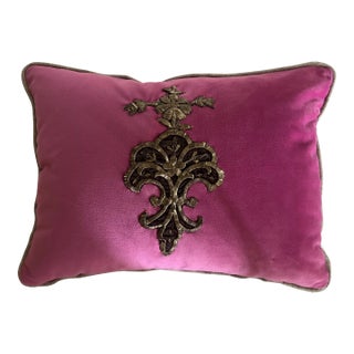 Mid 19th Century Italian Hand Embroidery Pillow With Metal Gold Wire on Magenta Velvet For Sale