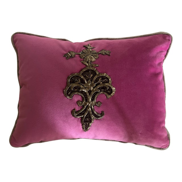 Mid 19th Century Italian Hand Embroidery With Metal Gold Wire on Magenta Velvet For Sale
