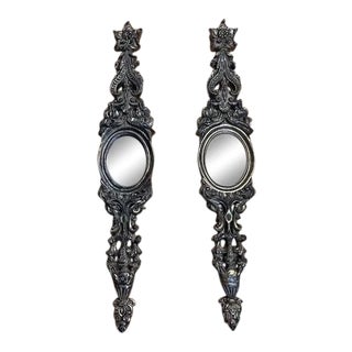 Set of 2 Long Carved Antiqued Gold and Silver Mirrors For Sale