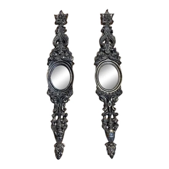 Set of 2 Long Carved Antiqued Gold and Silver Mirrors For Sale