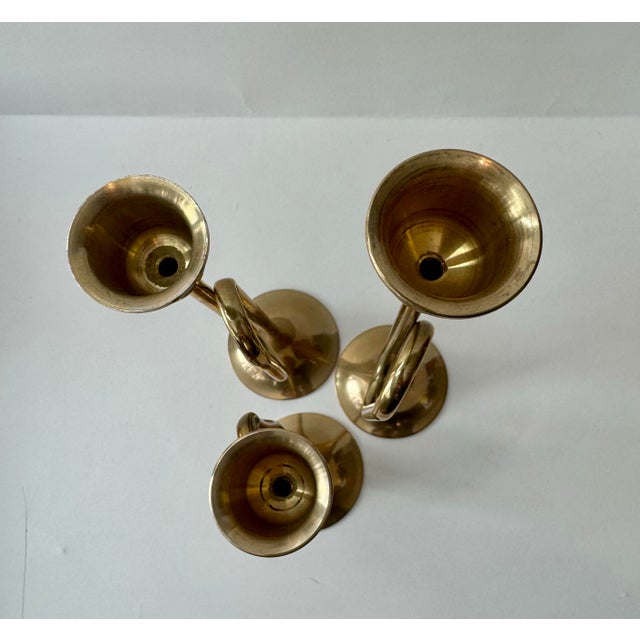 Mid 20th Century Vintage Brass Tabletop Collection: Trumpet & Reindeer Taper Holders - Set of 5 For Sale - Image 5 of 9