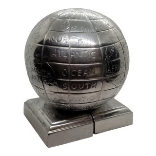 Silver Metal Round Globe Bookends - A Pair For Sale