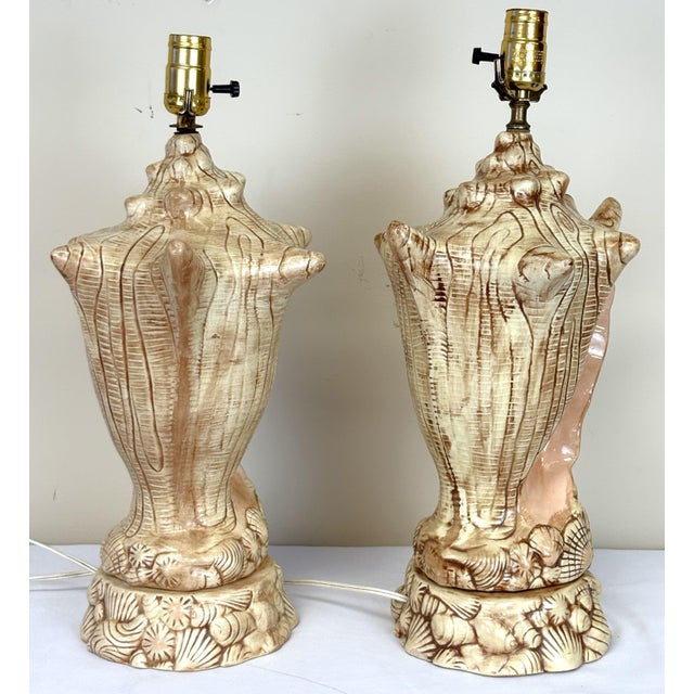 Vintage Ceramic Conch Shell Table Lamps C1986- A Pair For Sale - Image 4 of 18