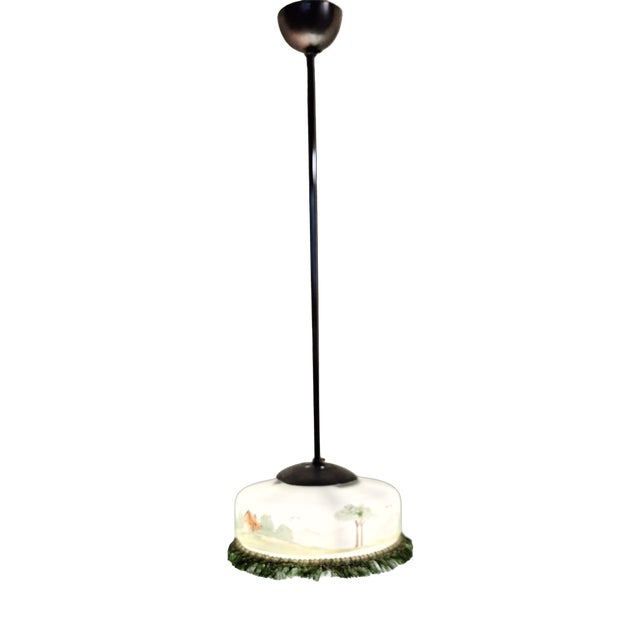 German Hanging Lamp with Hand-Painted Glass Shade, 1920s For Sale