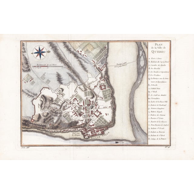 Copper engraved map with hand coloring of Quebec City by Jacques-Nicolas Bellin from "Petit Atlas Maritime" published in...