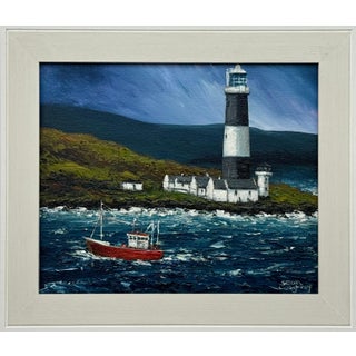 Impasto Painting of Red Trawler on Irish Coast with Lighthouse by Irish Artist 2024 For Sale
