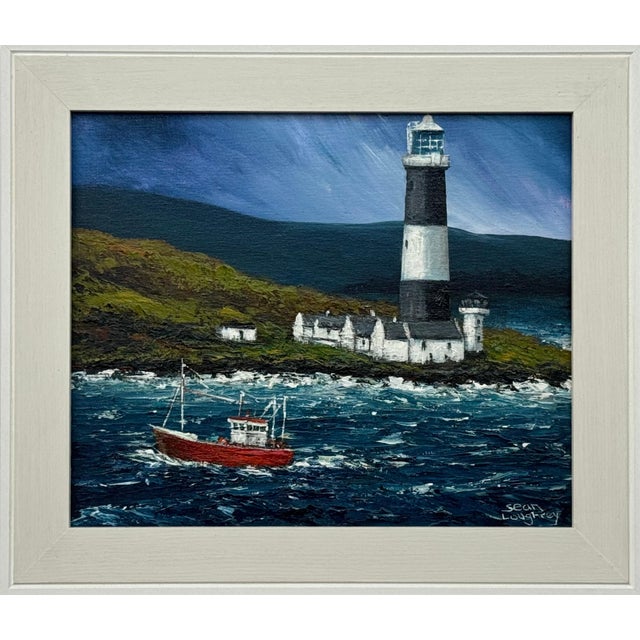 Impasto Painting of Red Trawler on Irish Coast with Lighthouse by Irish Artist 2024 For Sale