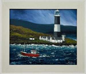 Impasto Painting of Red Trawler on Irish Coast with Lighthouse by Irish Artist 2024