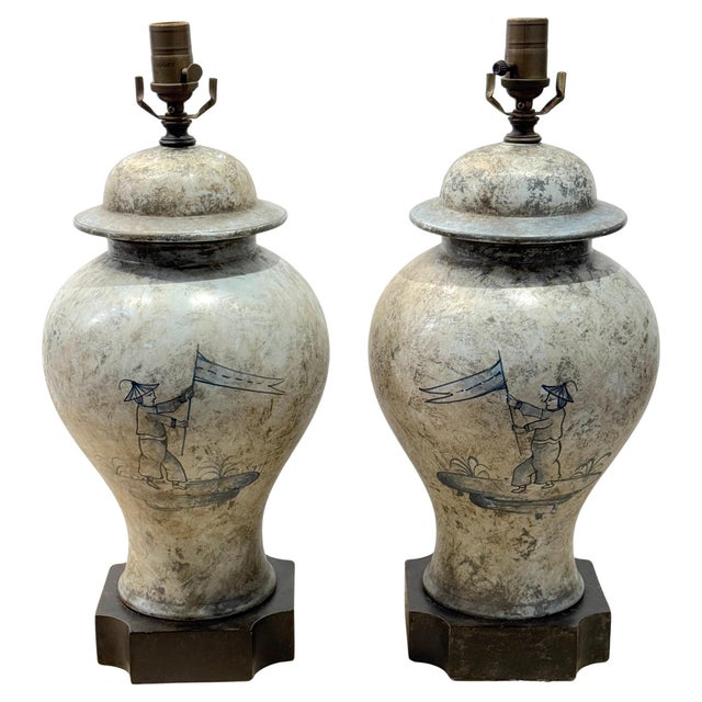 Chinoiserie Pair of Deft-Style Chinoiserie Urn Lamps with Banner-Bearer Decoration For Sale - Image 3 of 18
