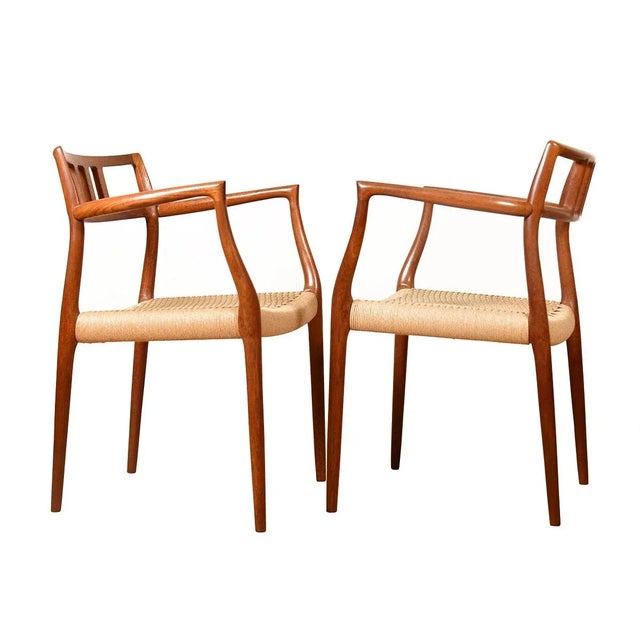 Mid-Century Modern Pair, Danish Teak #64 Niels Moller Dining | Accent Chairs in Danish Cording For Sale - Image 3 of 7