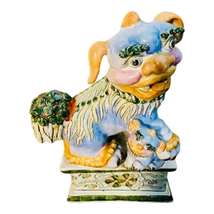 Antique Chinese Glaze Porcelain Foo Dog With Baby