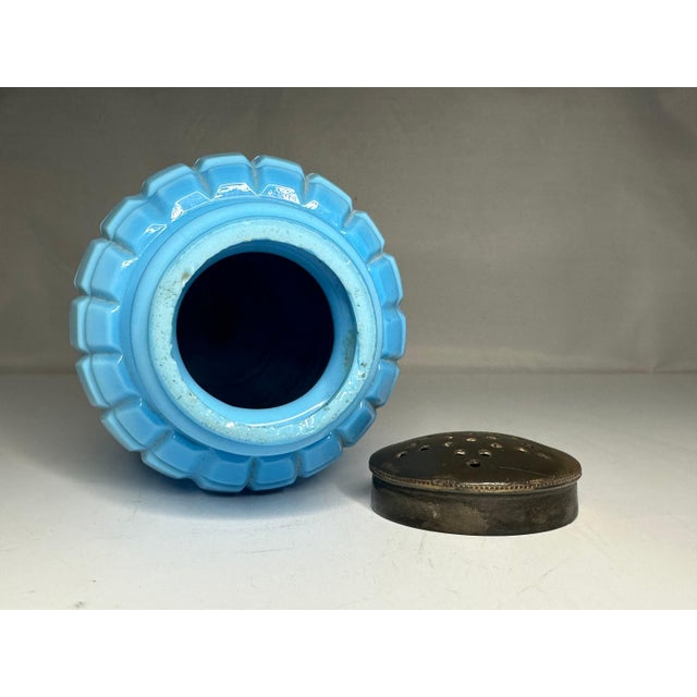 Metal Antique Atterbury Opaque Blue Waffle Pattern Sugar Shaker, c. 1880 For Sale - Image 7 of 10