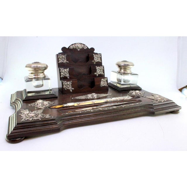 Wood Rosewood and Glass Inkwell with Silver Applications, Pens, Business Card Holder and Feet For Sale - Image 7 of 8
