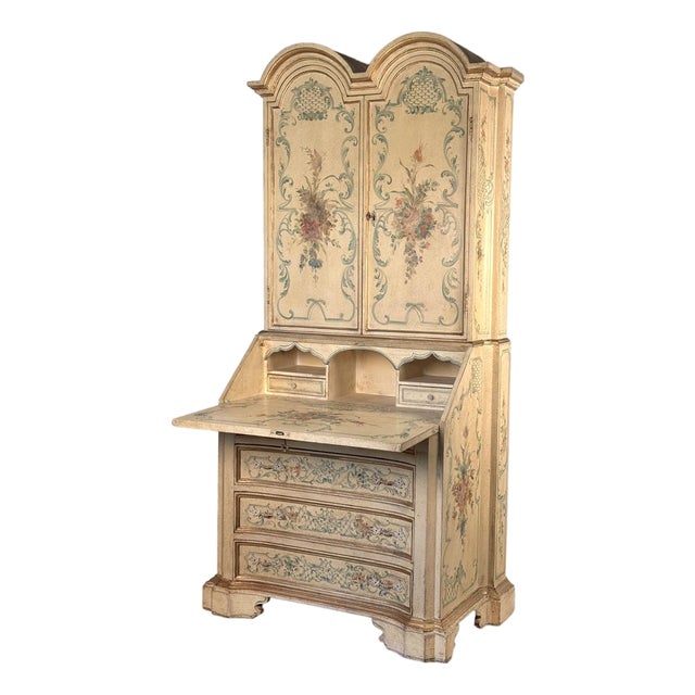Vintage Italian Venetian Hand Painted Secretary Desk W/ Bookcase Top For Sale