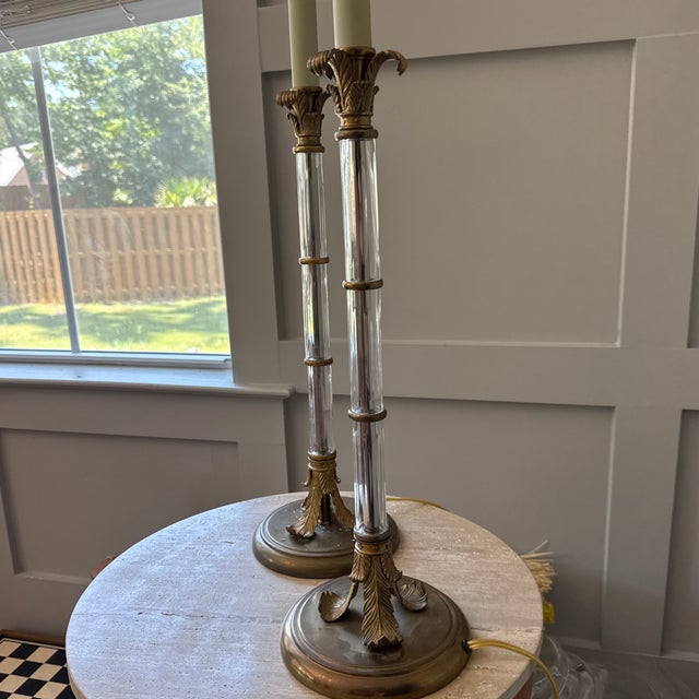 Art Deco 1980s John Richard Pillar Lamps Features Detailed Brass Palm Frond Accents and a Leaded Crystal Column - a Pair For Sale - Image 3 of 12
