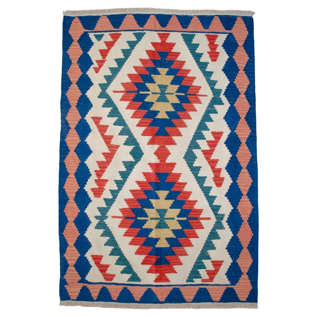 1980s Vintage Hand Woven Turkish Rug Flat Weave Wool Area Kilim Oushak Rug For Sale
