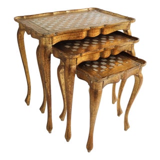 Florentine Regency Style Hand-Painted Gilded Nesting Tables, Italy, 1960s, Set of 3 For Sale