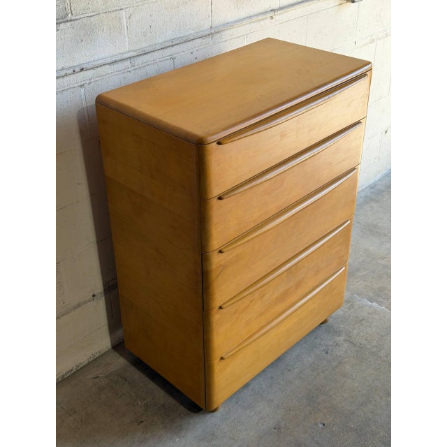 Heywood Wakefield Maple Tallboy Wooden Dresser Highboy Chest of Drawers Vintage 1950s For Sale - Image 10 of 10