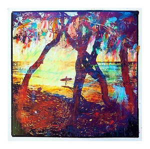 Memoria De Cancion, Hand-Painted Photograph with Resin, Surfer and Beach Scene, 2014